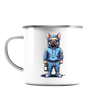 Camping Bulldogge - Emaille Tasse (Silber)