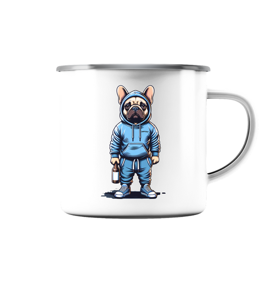 Camping Bulldogge - Emaille Tasse (Silber)