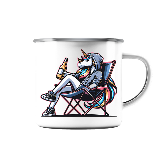 Camping Einhorn - Emaille Tasse (Silber)