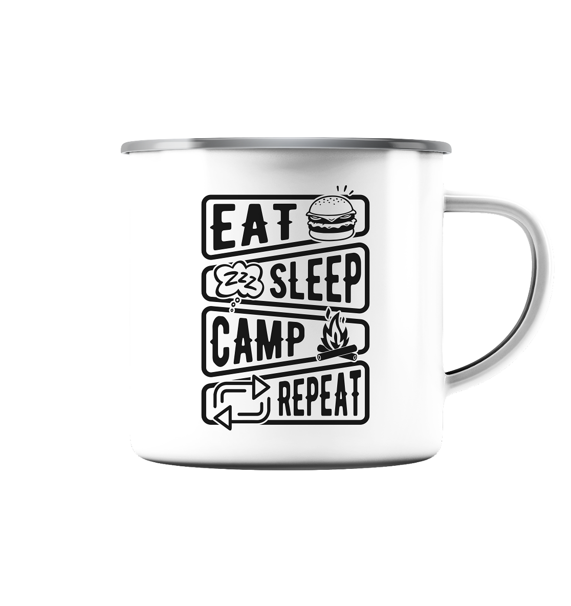 eat.sleep.camp.repeat#2 - Emaille Tasse (Silber)